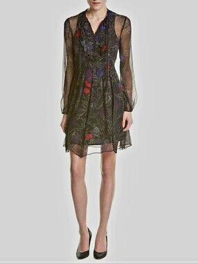 Elie Tahari Desi Black Floral Silk Chiffon Tie-Neck Dress